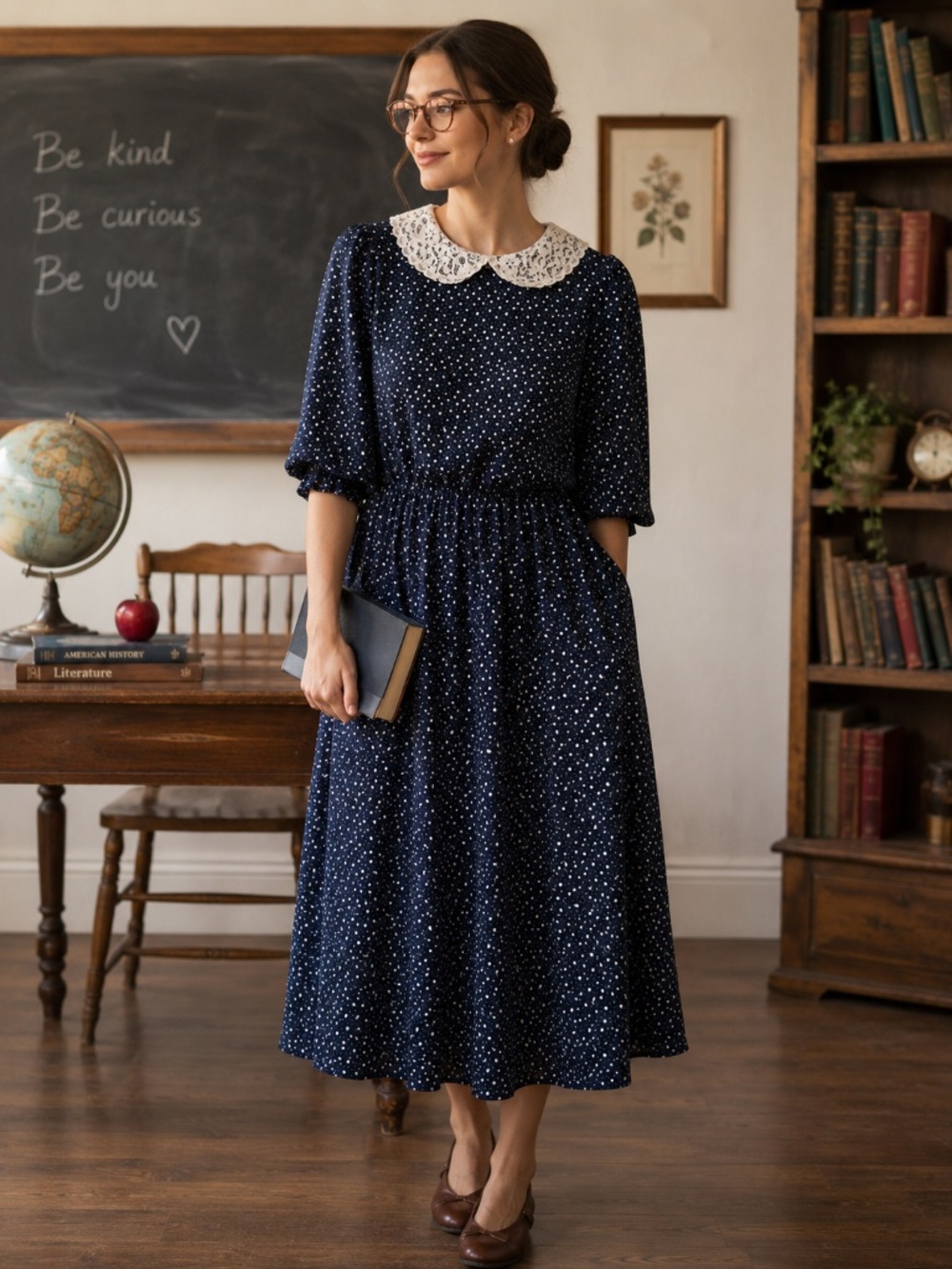 Vtg Monica Rose Women’s Navy Polka Dot Lace Peter Pan Collar Dress 16WP Teacher